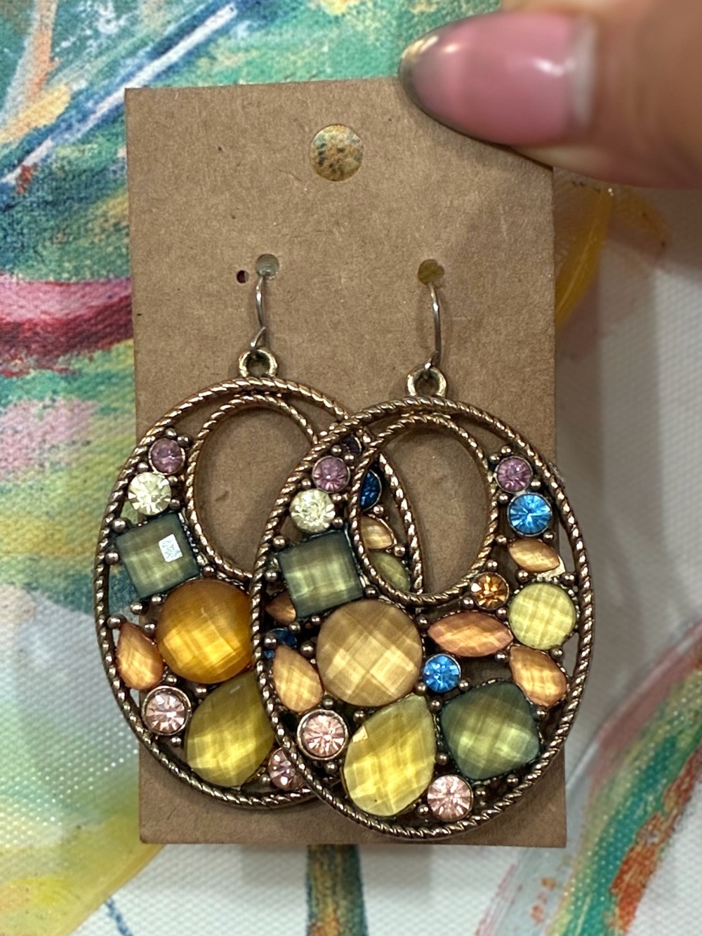 Multi-Stone Oval Hoop Earrings in Yellow & Blue